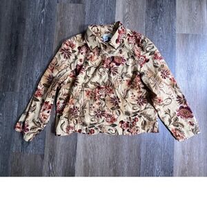 Coldwater Creek Jacket Women XL Tan Floral‎ Button Up Cotton Long Sleeve Print